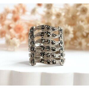 Art Deco Marcasite Gemstone Wavy Chunky Banded Gemstone Vintage Ring - sz 5.5
